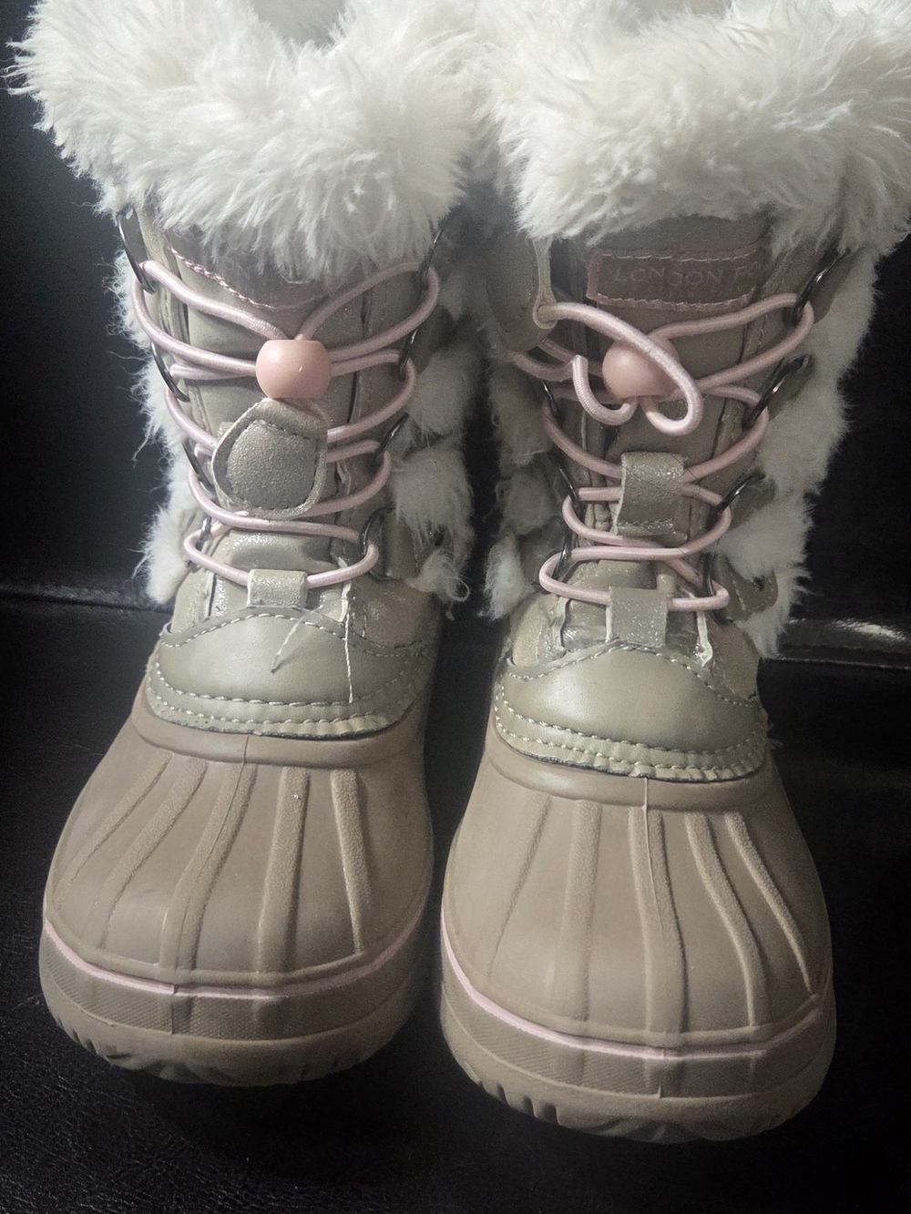Kids Faux-Fur Lined Taupe & Pink Winter Rain Boots Size 13
